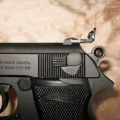 Umarex PPK with replacement adjustable rear sight fitted, full rearward position, side view